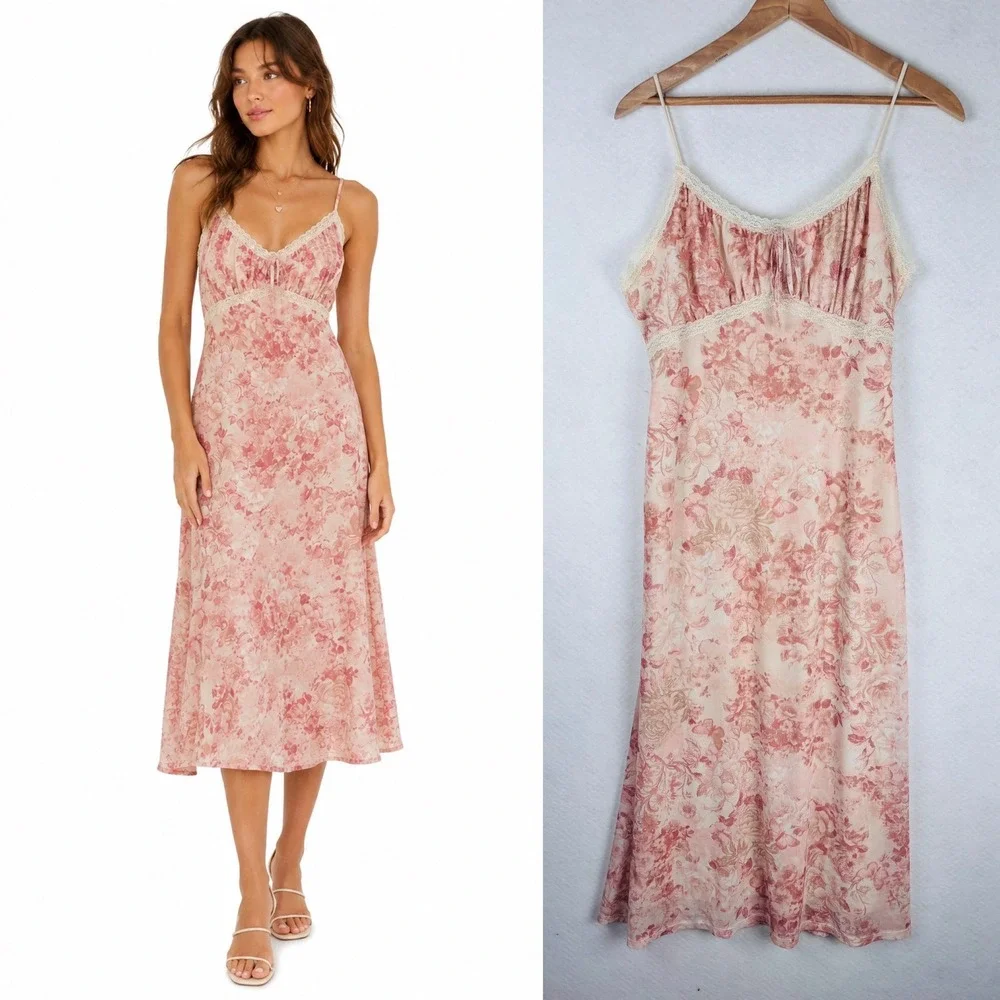 Pink Rose L Floral Maxi Slip Dress Pink Lace Trim Y2K Coquette Cottagecore